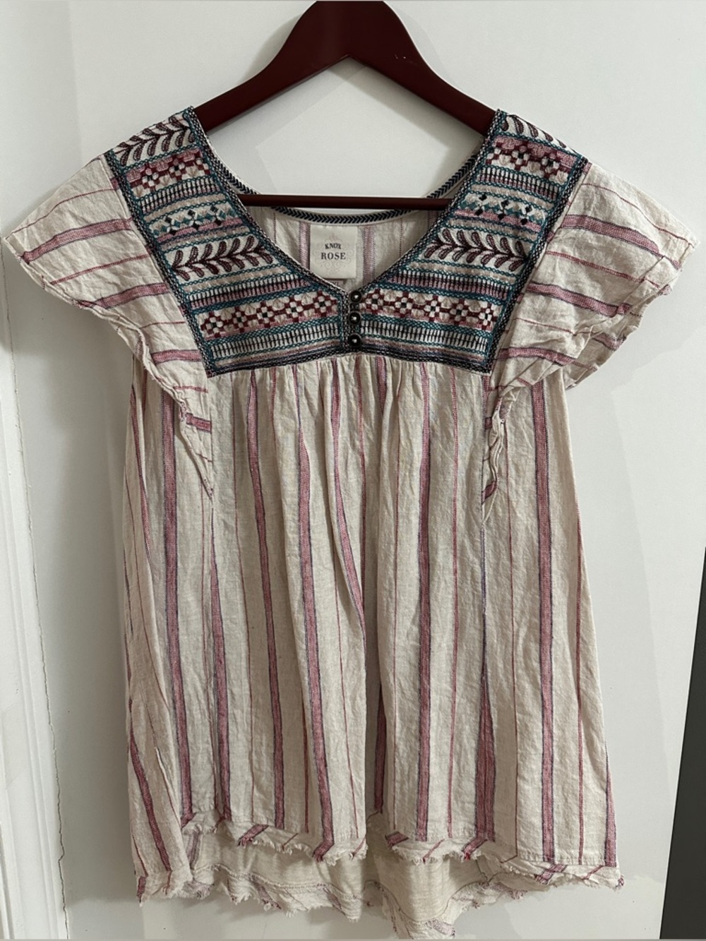 Knox Rose Embroidered Striped Peasant Top - Cream, Teal & Burgundy